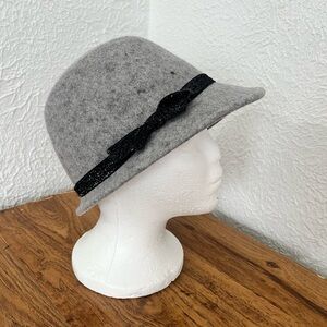 Gray Wool Cloche Hat with Black Glitter Bow
